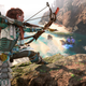 From a cliff, Aloy aims a sharpshot bow at a shellwalker on a beach in Horizon Forbidden West on PS5.